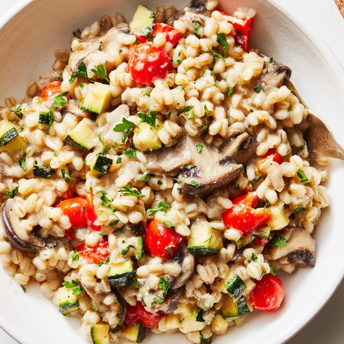 A creamy bowl of pearled barley topped with colorful oven-roasted vegetables, fresh parsley, and grated Parmesan.