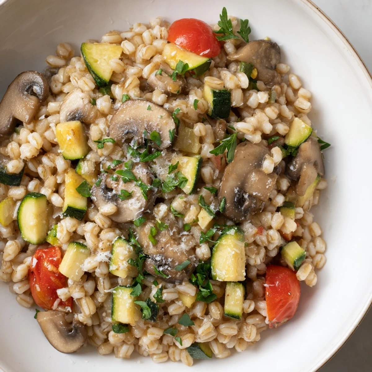 Pearled barley creamy bowl with tender roasted zucchini, bell peppers, and cherry tomatoes for a comforting vegetarian meal.