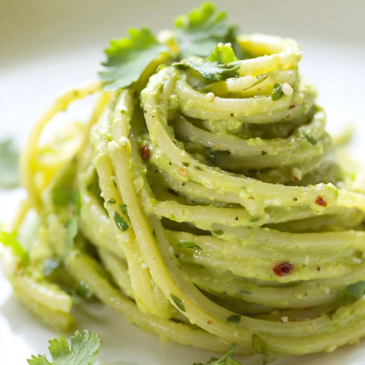 A close-up of creamy Smashed Avocado Pasta twirled on a fork, garnished with fresh basil and lime zest.  