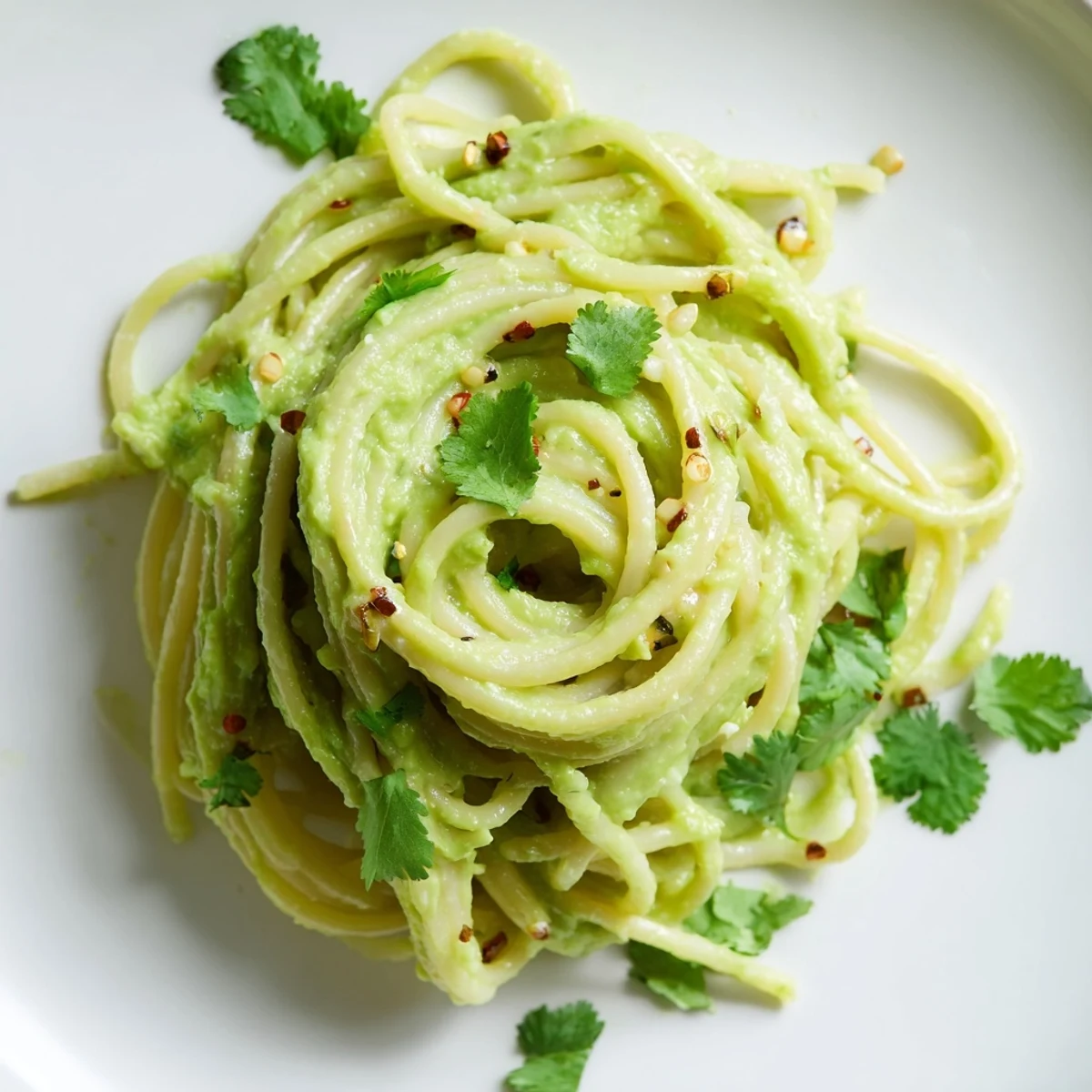 Freshly prepared Smashed Avocado Pasta in a white bowl, topped with cilantro and a drizzle of olive oil.