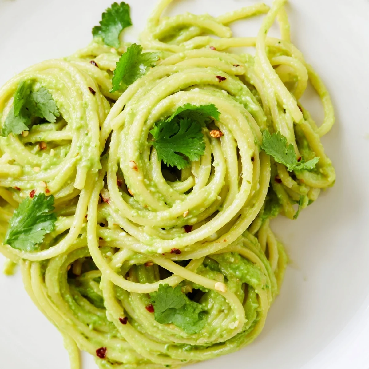 Plated Smashed Avocado Pasta with chili flakes and grated Parmesan beside extra lime wedges.  