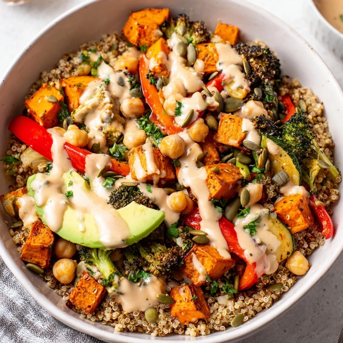 Golden roasted chickpeas and fresh avocado slices add crunch and richness to a wholesome quinoa Buddha bowl.