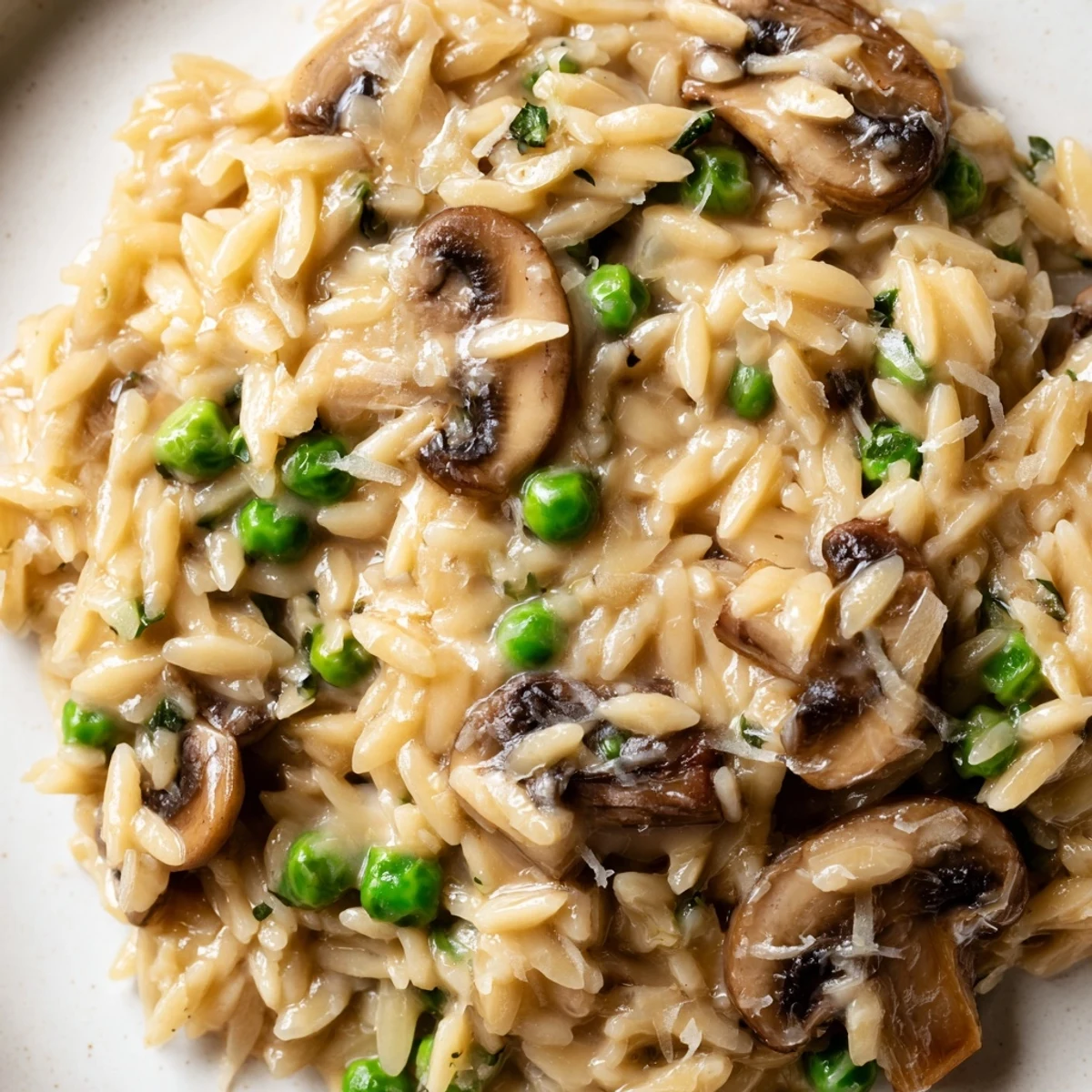 A close-up of creamy Orzo Mushroom Risotto-Style in a white bowl, garnished with fresh parsley and shaved Parmesan.  