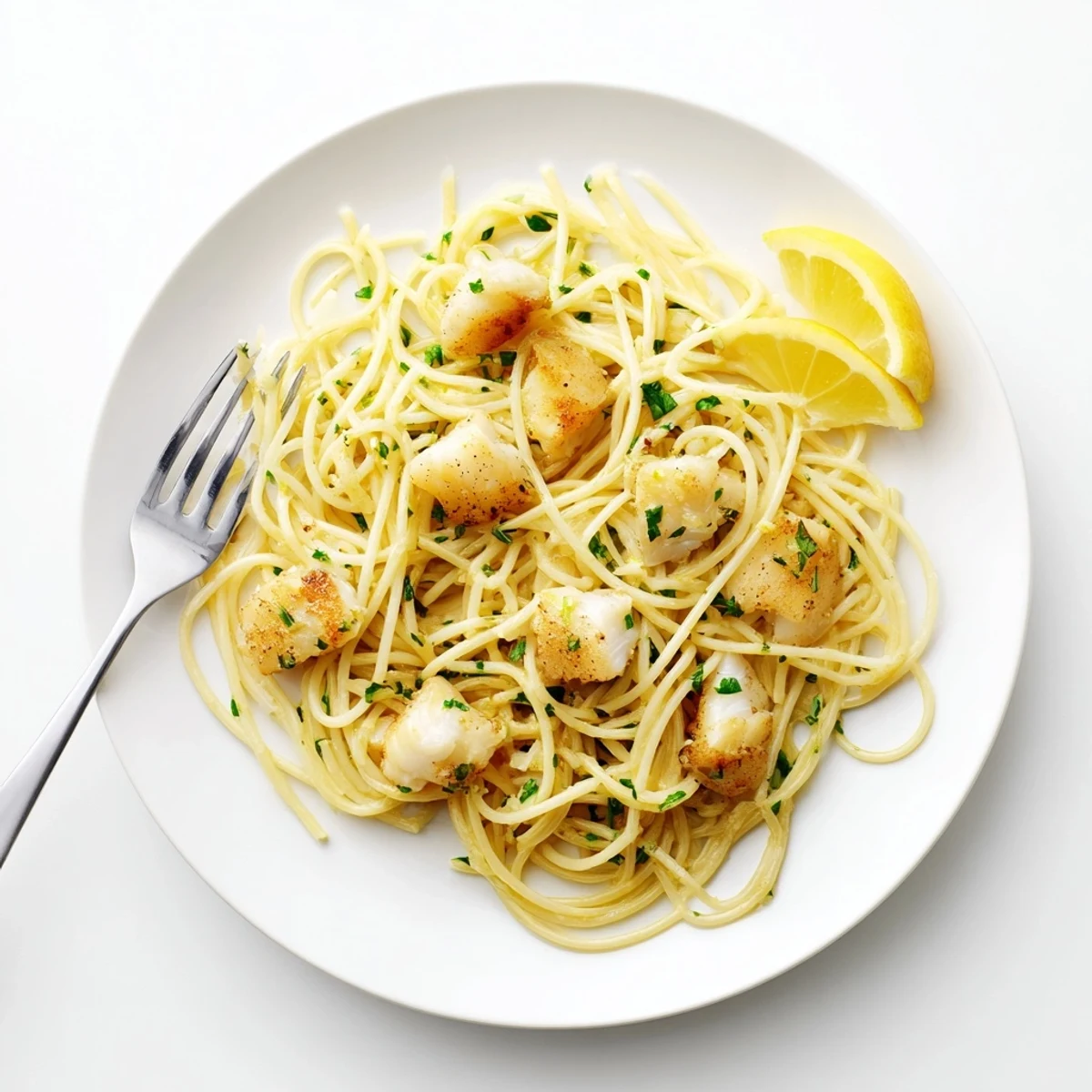 Crispy Fish Pasta features golden, flaky cod tossed with spaghetti, bright lemon, and fresh herbs in a vibrant skillet meal.  