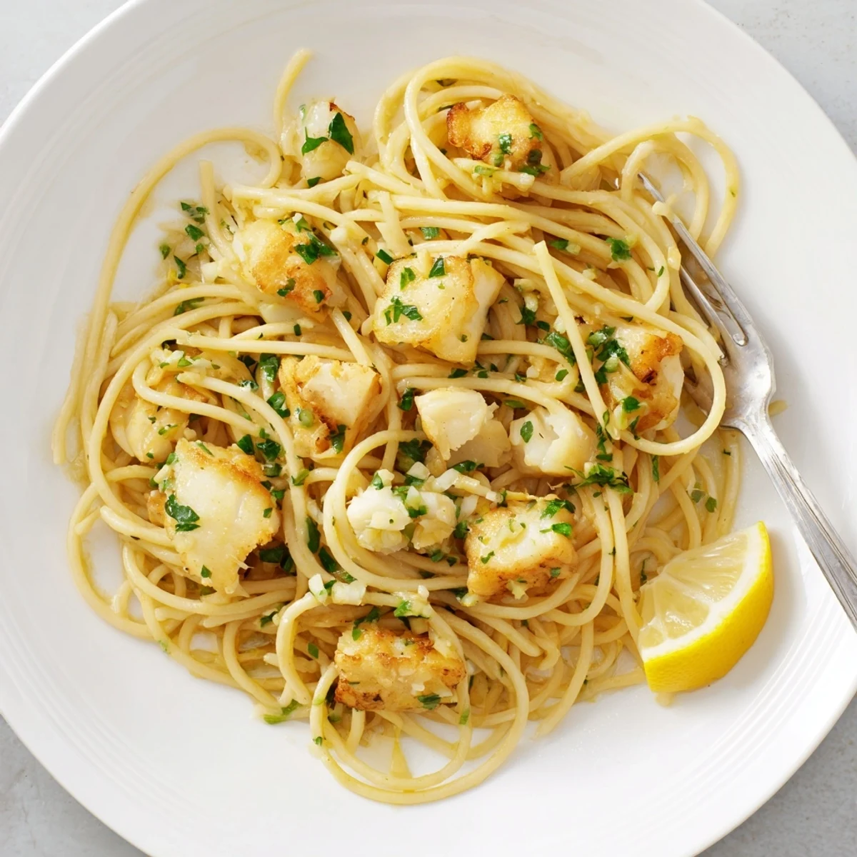 In this bowl, Crispy Fish Pasta combines al dente linguine with buttery garlic sauce, crispy fish, and zesty lemon garnish.  