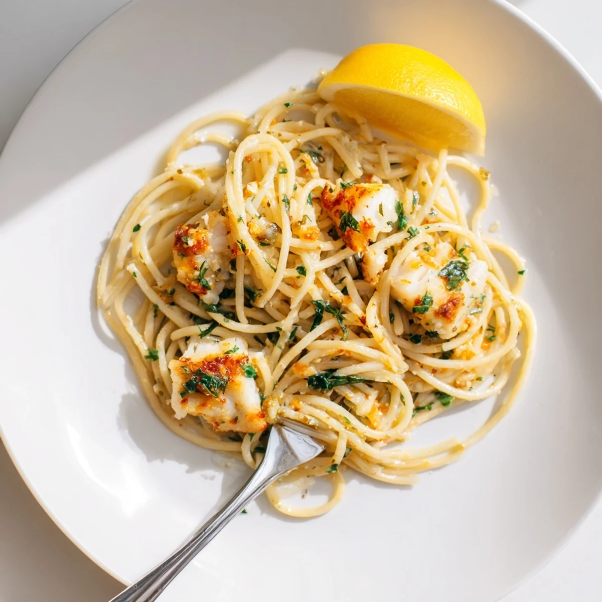 A close-up of Crispy Fish Pasta highlights tender fish flakes over lemony spaghetti, finished with parsley and chili flakes.