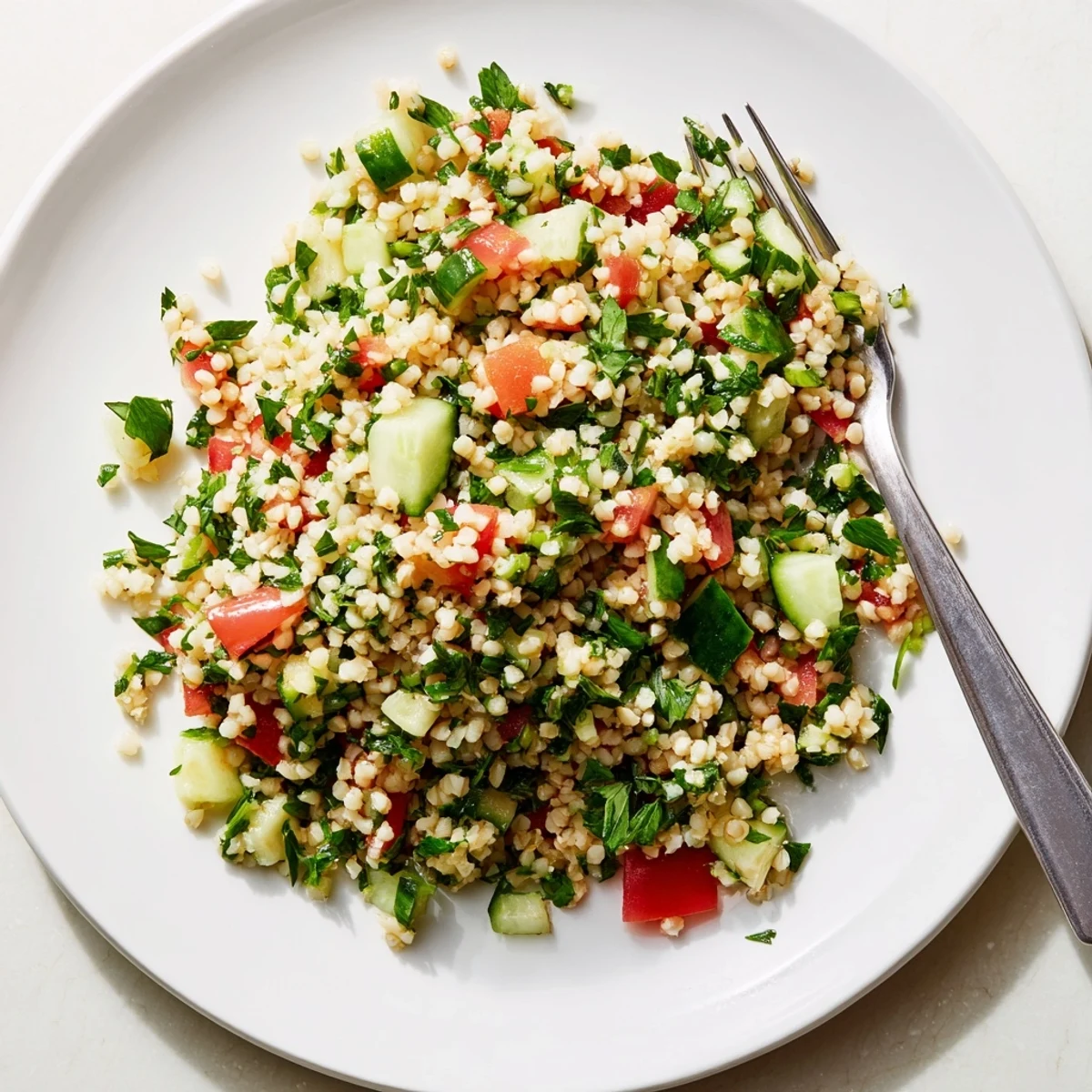 Close-up of vibrant bulgur wheat salad tabbouleh with fresh parsley, diced tomatoes, and cucumber in a white bowl.  