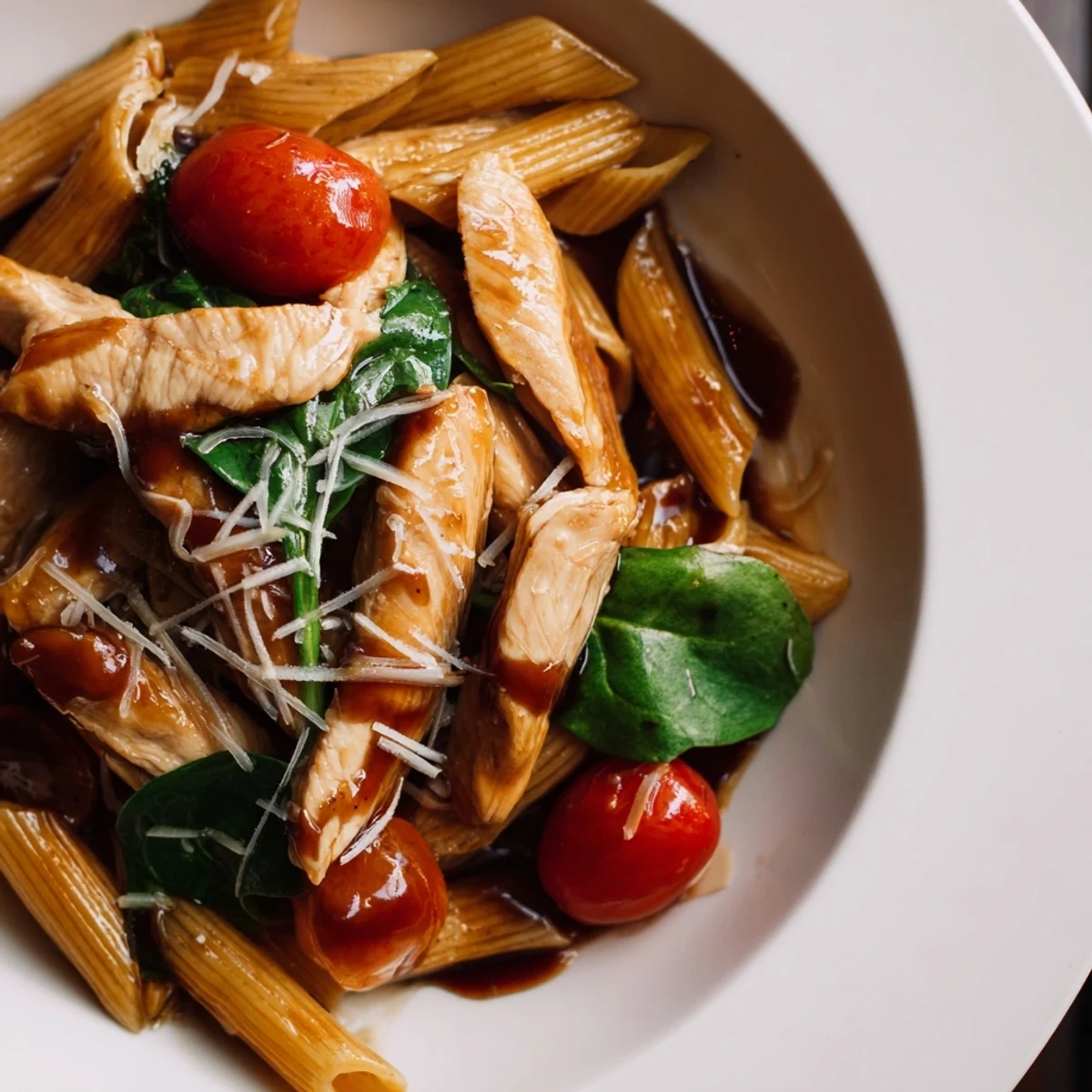 Golden chicken strips glazed in tangy balsamic reduction tossed with al dente penne, sautéed garlic, and fresh baby spinach.