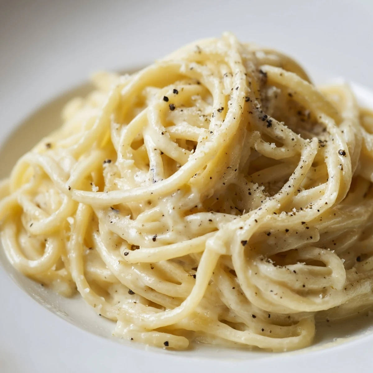 Steaming strands of spaghetti cacio e pepe are coated in a creamy Pecorino Romano sauce flecked with freshly cracked black pepper.  