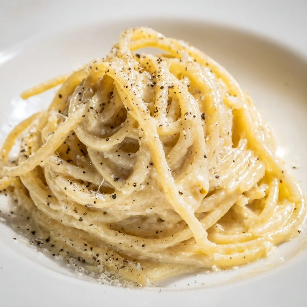 A rustic Italian bowl of spaghetti cacio e pepe ready to serve, topped with extra Pecorino and cracked pepper.
