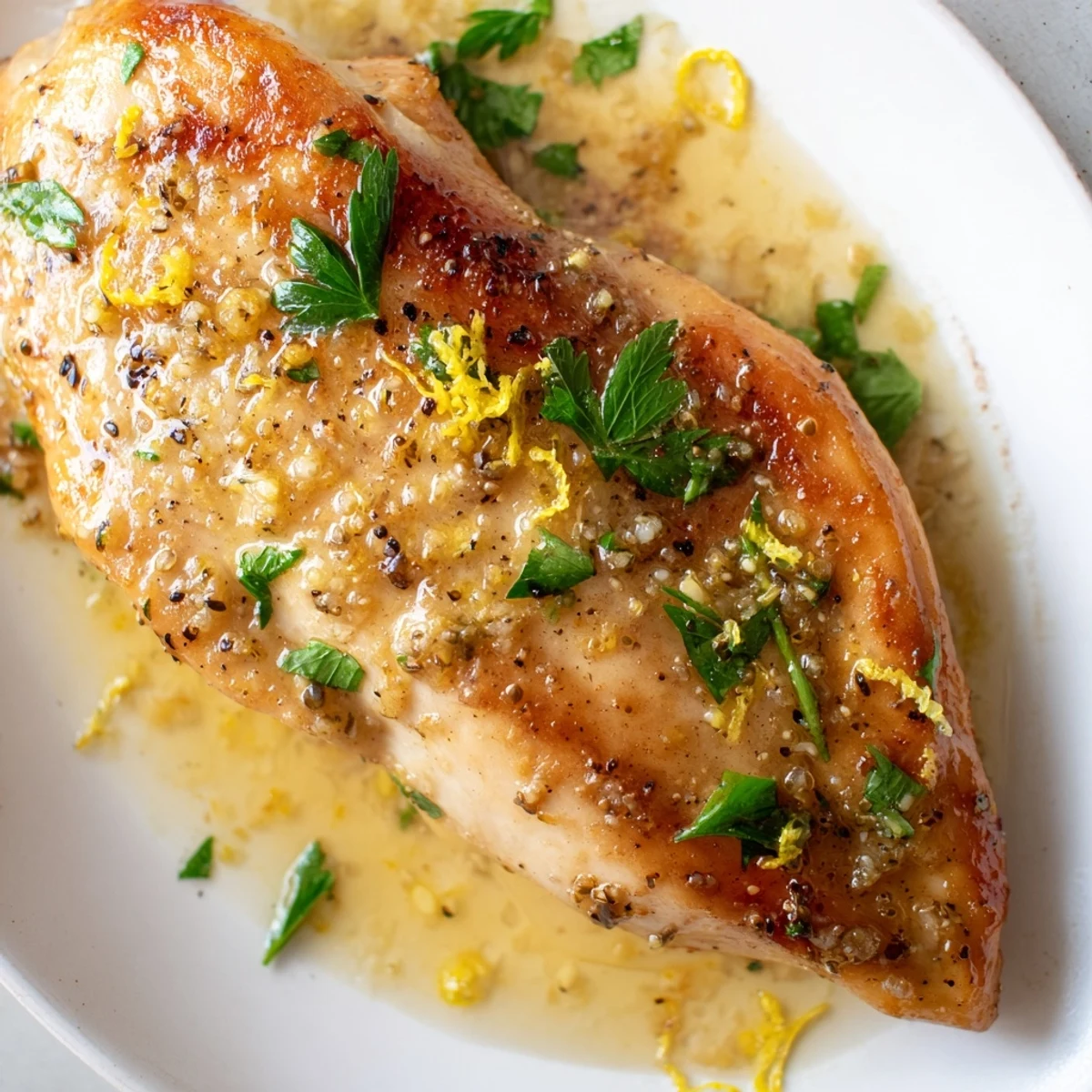 Golden pan-seared Lemon Pepper Chicken breasts resting in a glossy butter sauce with fresh parsley garnish.