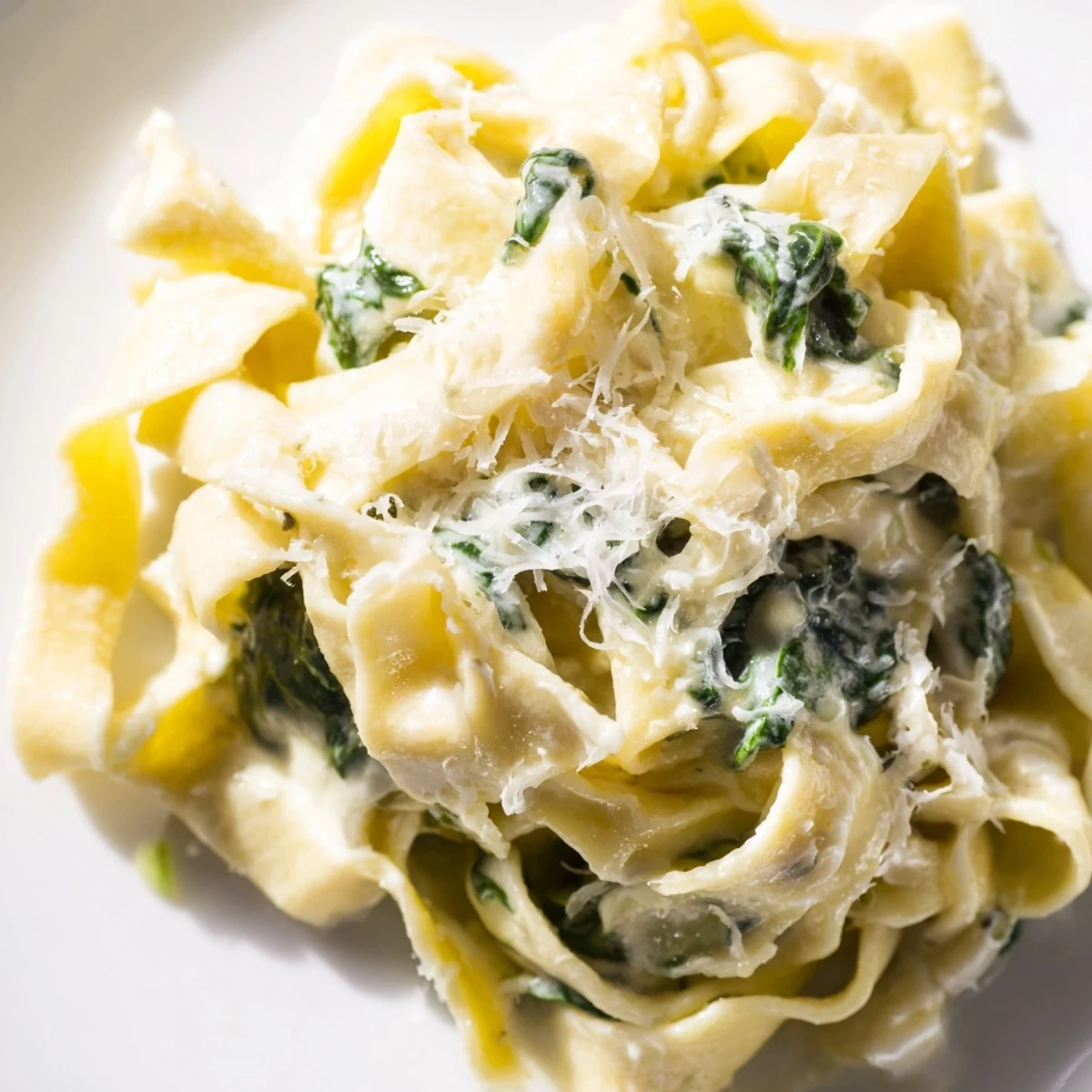 Tender egg noodles in a creamy garlic spinach sauce, garnished with freshly grated Parmesan and a dusting of black pepper.  