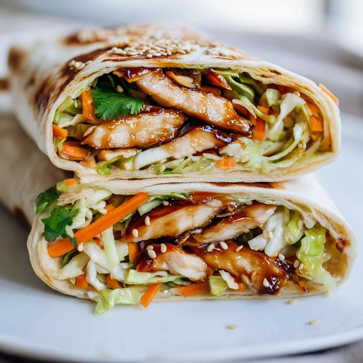 Glazed teriyaki chicken strips wrapped in a soft tortilla with crisp cabbage and fresh carrots.