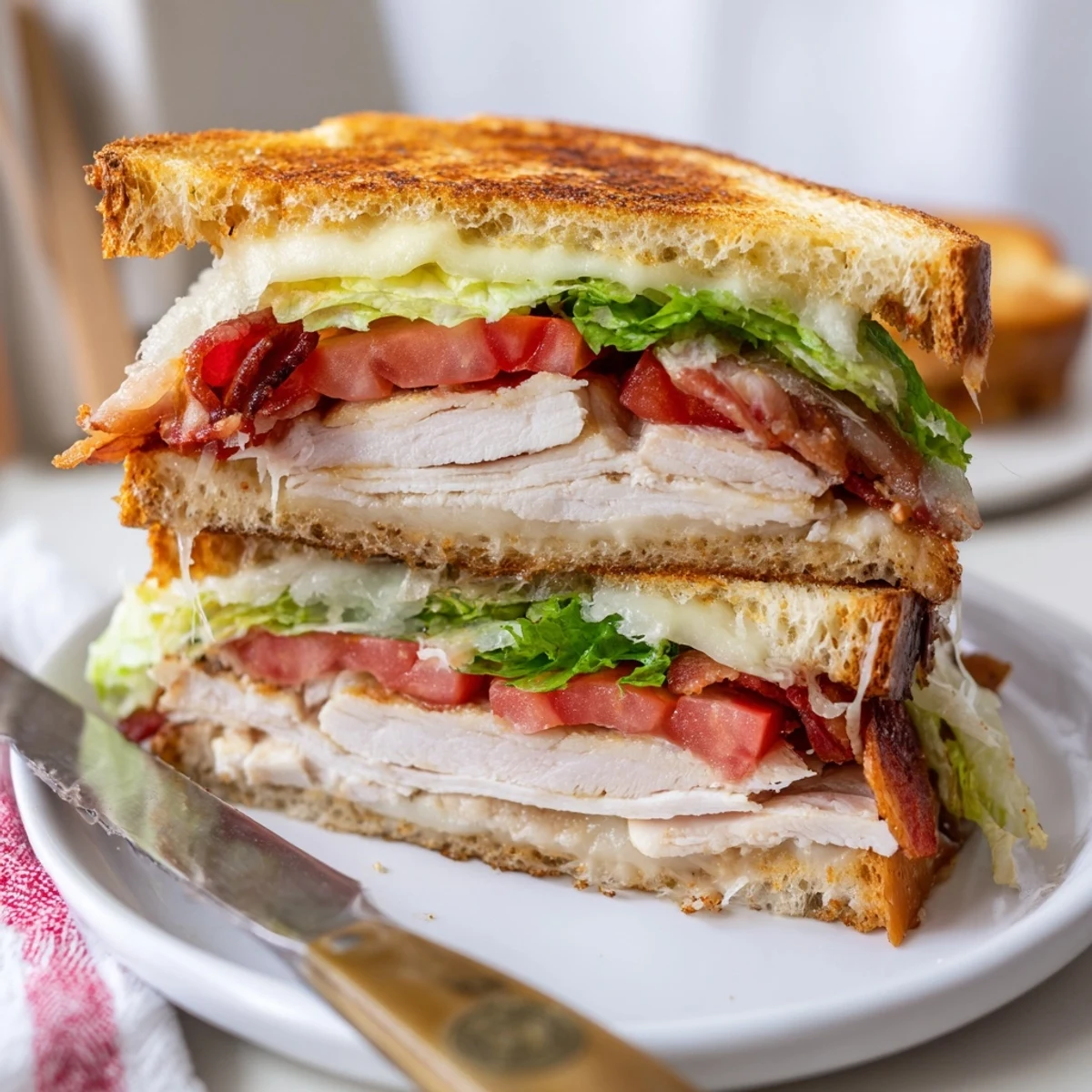 Golden, buttery sourdough bread is pressed with melted cheddar, crispy bacon, roasted turkey, fresh lettuce, and ripe tomato slices in this Turkey Club Grilled Cheese.  