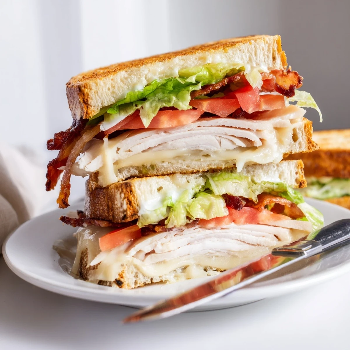 This hearty Turkey Club Grilled Cheese sandwich is served golden-brown with melted cheese oozing, paired with a side of dill pickles and a light salad.
