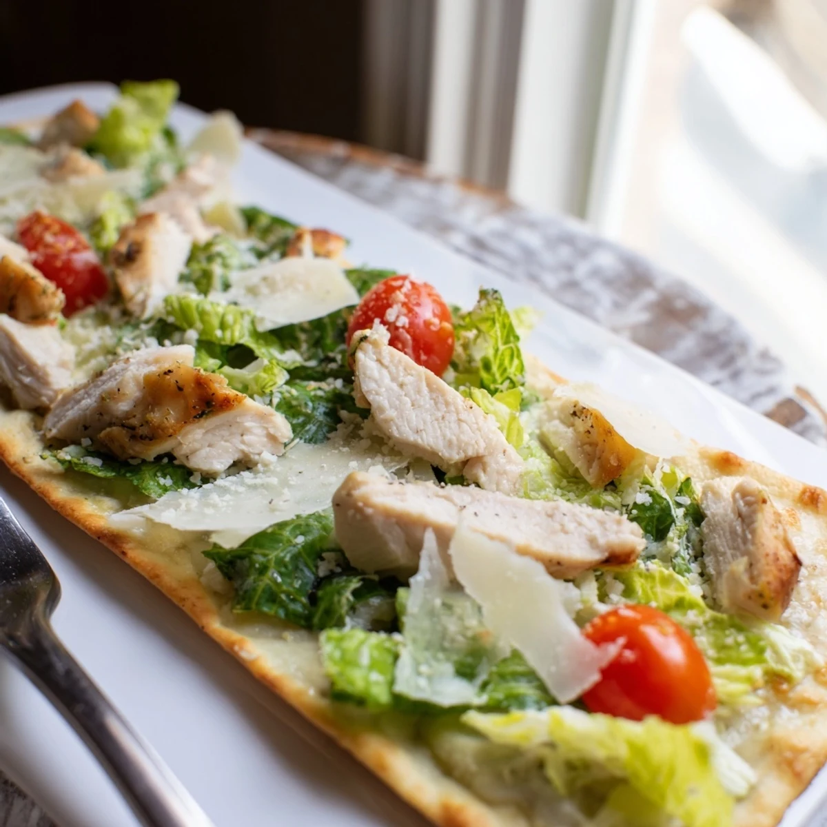 A close-up of Caesar Chicken Flatbread with grilled chicken slices, crisp romaine, and creamy dressing.