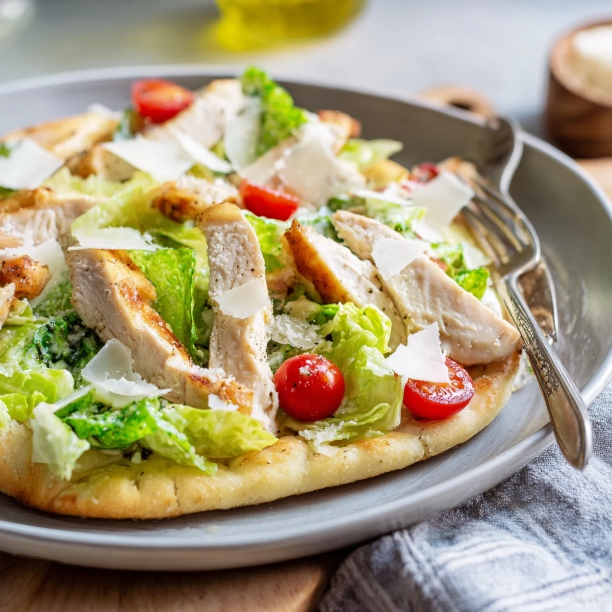 Golden-brown Caesar Chicken Flatbread topped with juicy chicken, fresh lettuce, and shaved Parmesan on a rustic board.