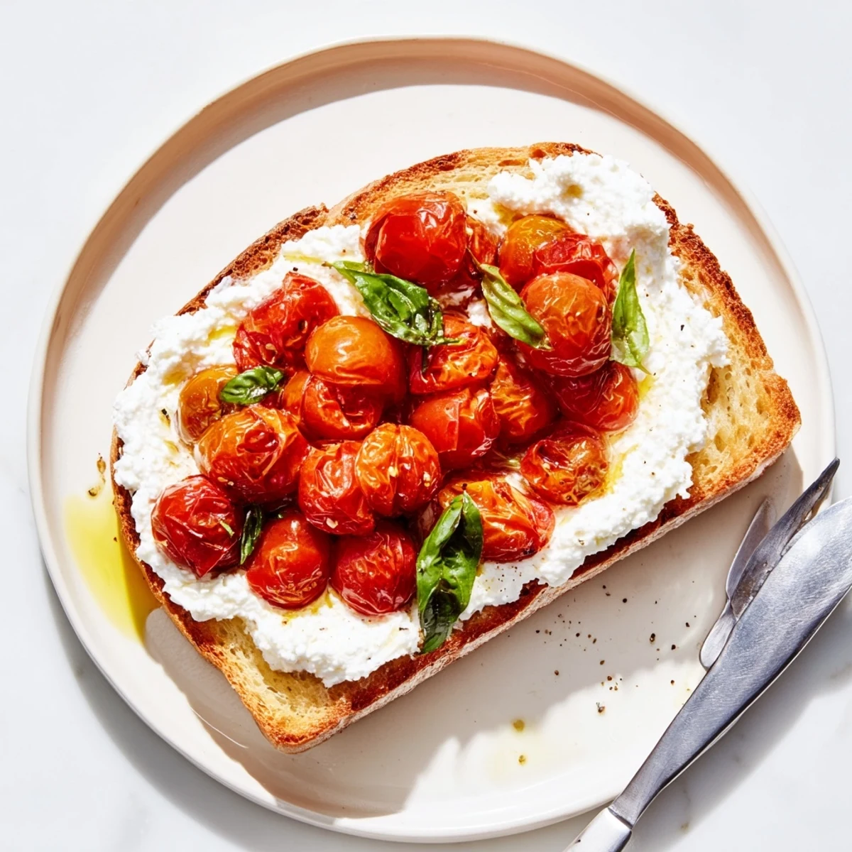 Golden roasted cherry tomatoes glisten atop a thick slice of rustic sourdough, perfectly spread with creamy whipped ricotta and garnished with fresh basil.