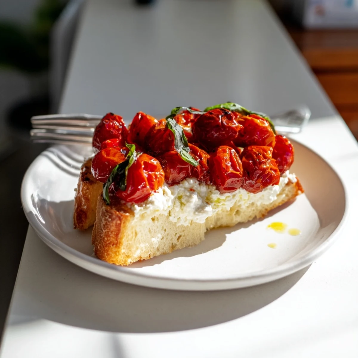 Savor a warm Tomato Ricotta Toast, where sweet roasted tomatoes meet smooth ricotta on crispy bread, ideal for a light snack.