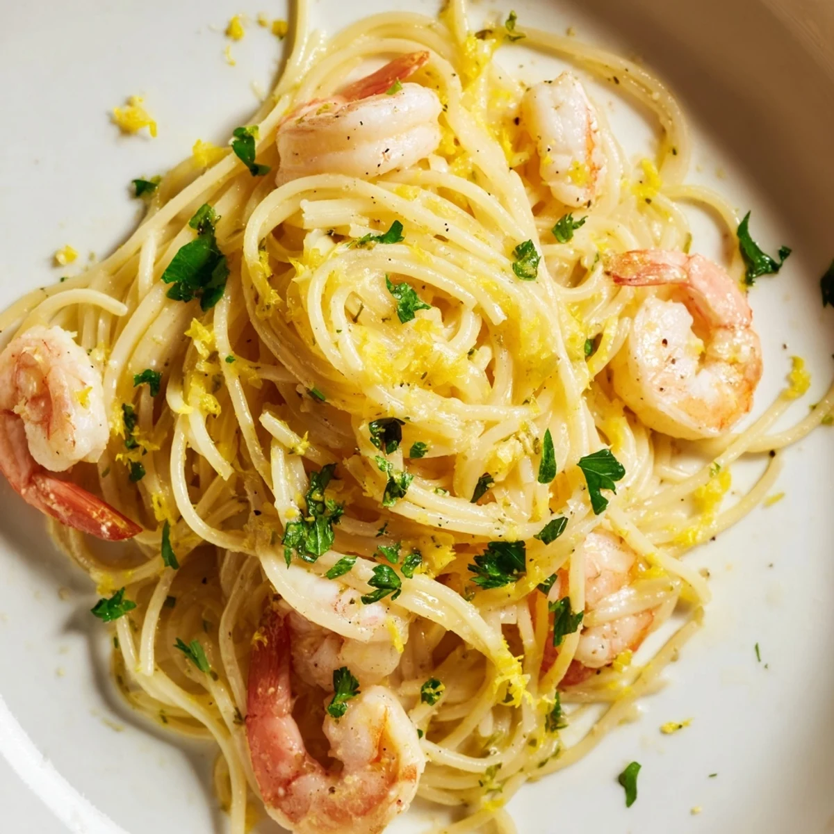 Bright, steaming lemon butter shrimp pasta lite with angel hair, fresh parsley garnish, and lemon wedges on a white plate for a light weeknight dinner.  
