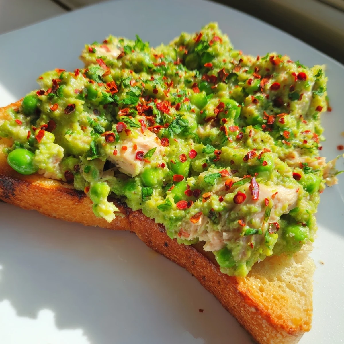 Golden toasted sourdough piled high with vibrant green smashed peas, tender shredded chicken, and a sprinkle of chili flakes and fresh herbs.
