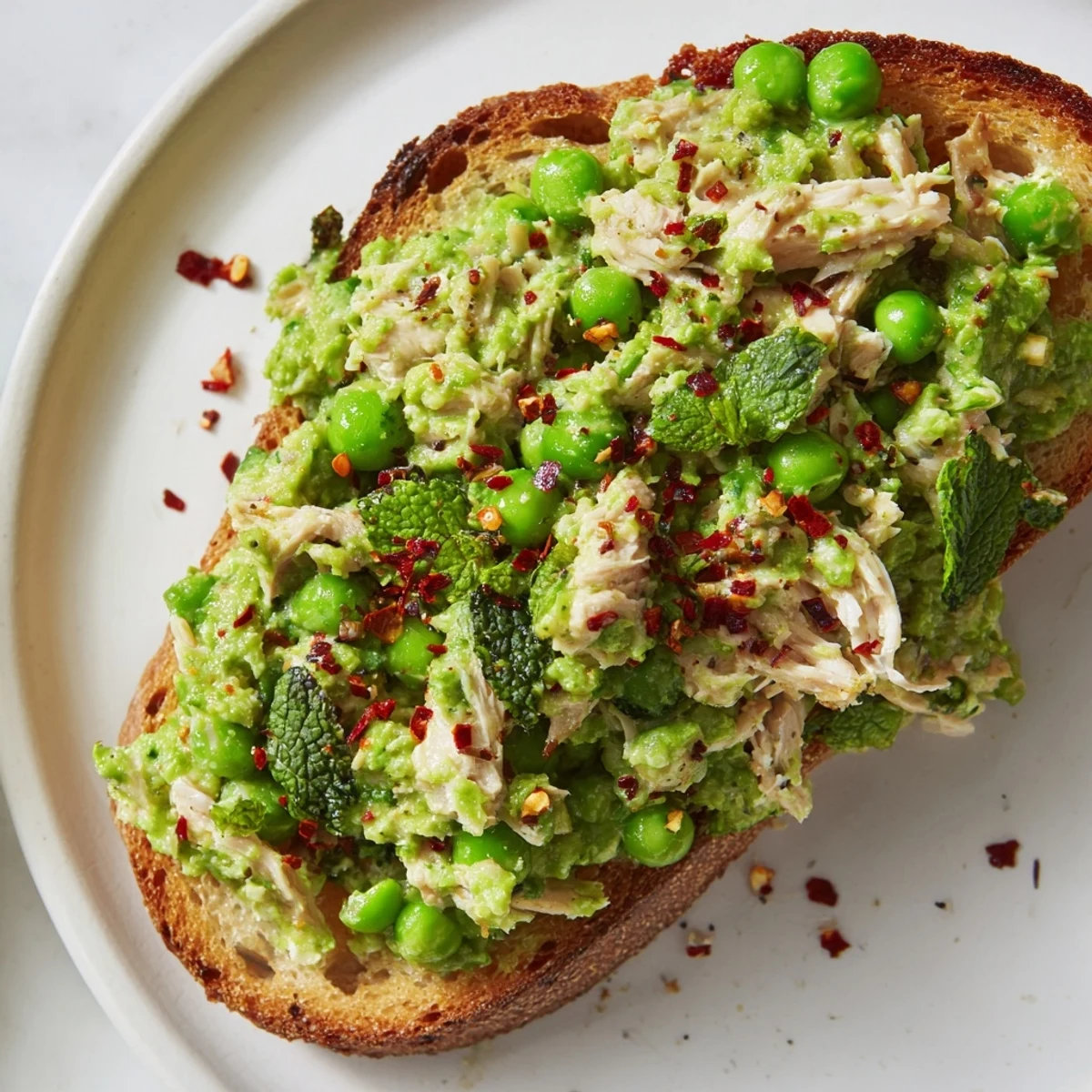 A close-up of the open-faced Smashed Pea & Chicken Toast, showing the creamy texture of the pea spread and chunks of savory chicken.