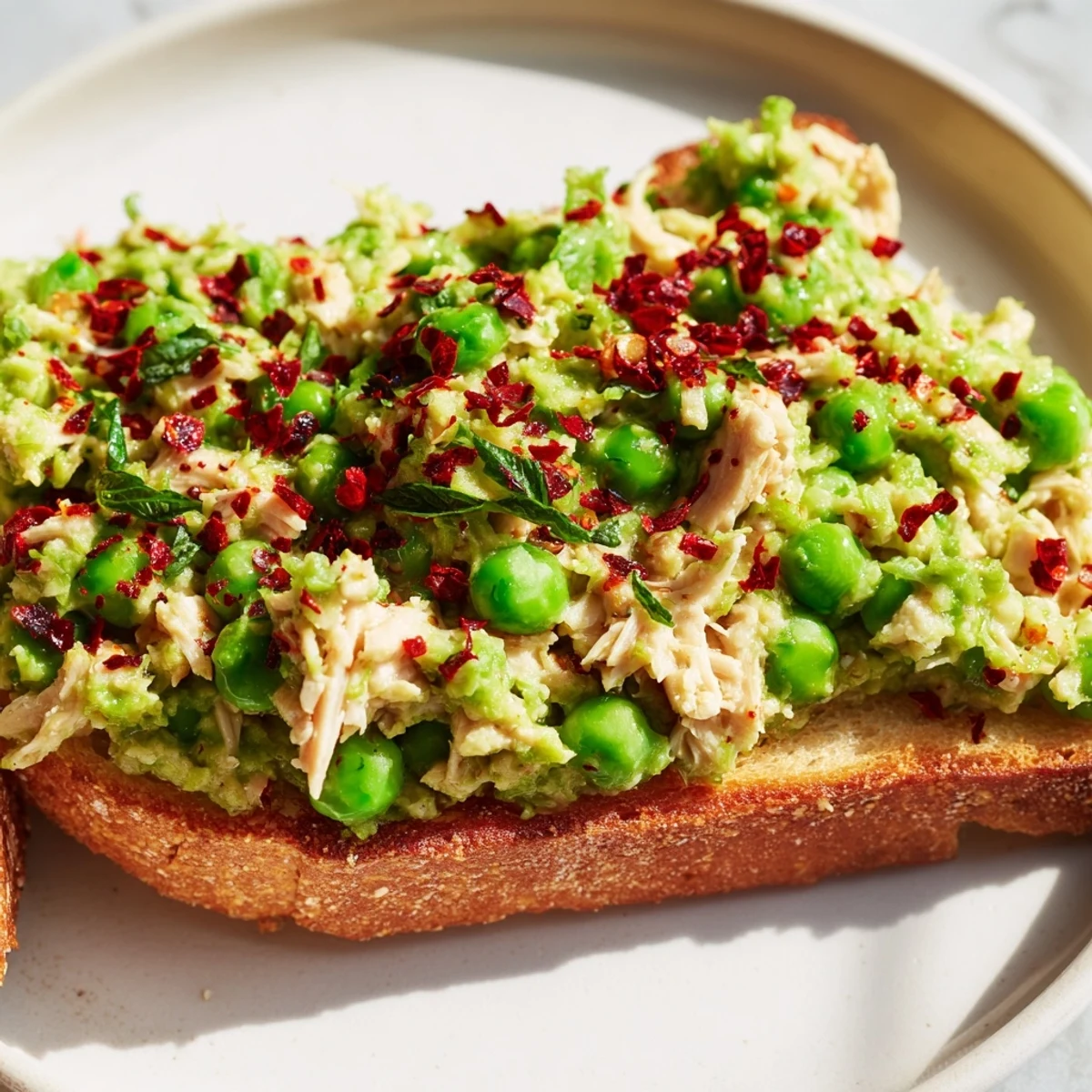 Ready-to-eat Smashed Pea & Chicken Toast garnished with mint and feta, served on a rustic wooden board for a hearty meal.