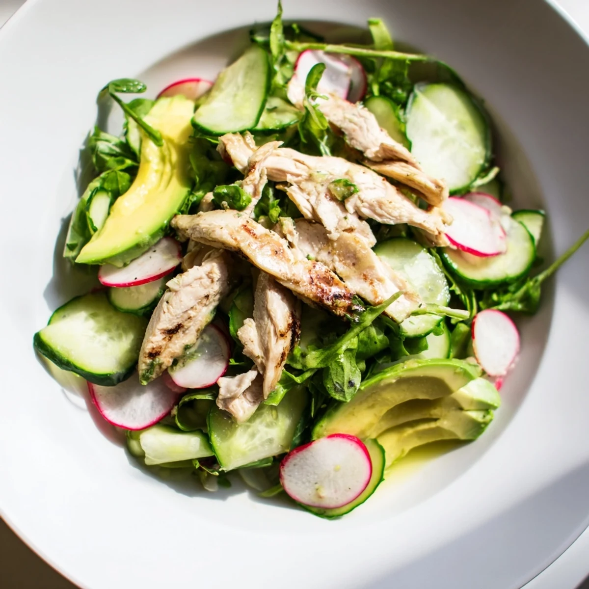 Vibrant Spring Detox Chicken Salad in a white bowl, showcasing tender grilled chicken slices over crisp greens and sliced radishes, drizzled with zesty lemon vinaigrette.