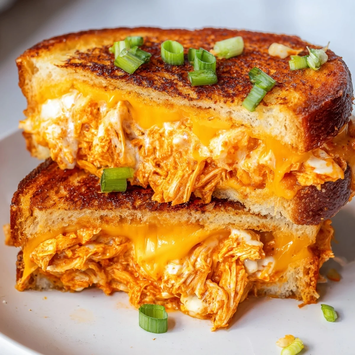 Golden-brown sourdough grilled cheese sandwiches, filled with spicy buffalo chicken, sharp cheddar, and creamy ranch dressing.
