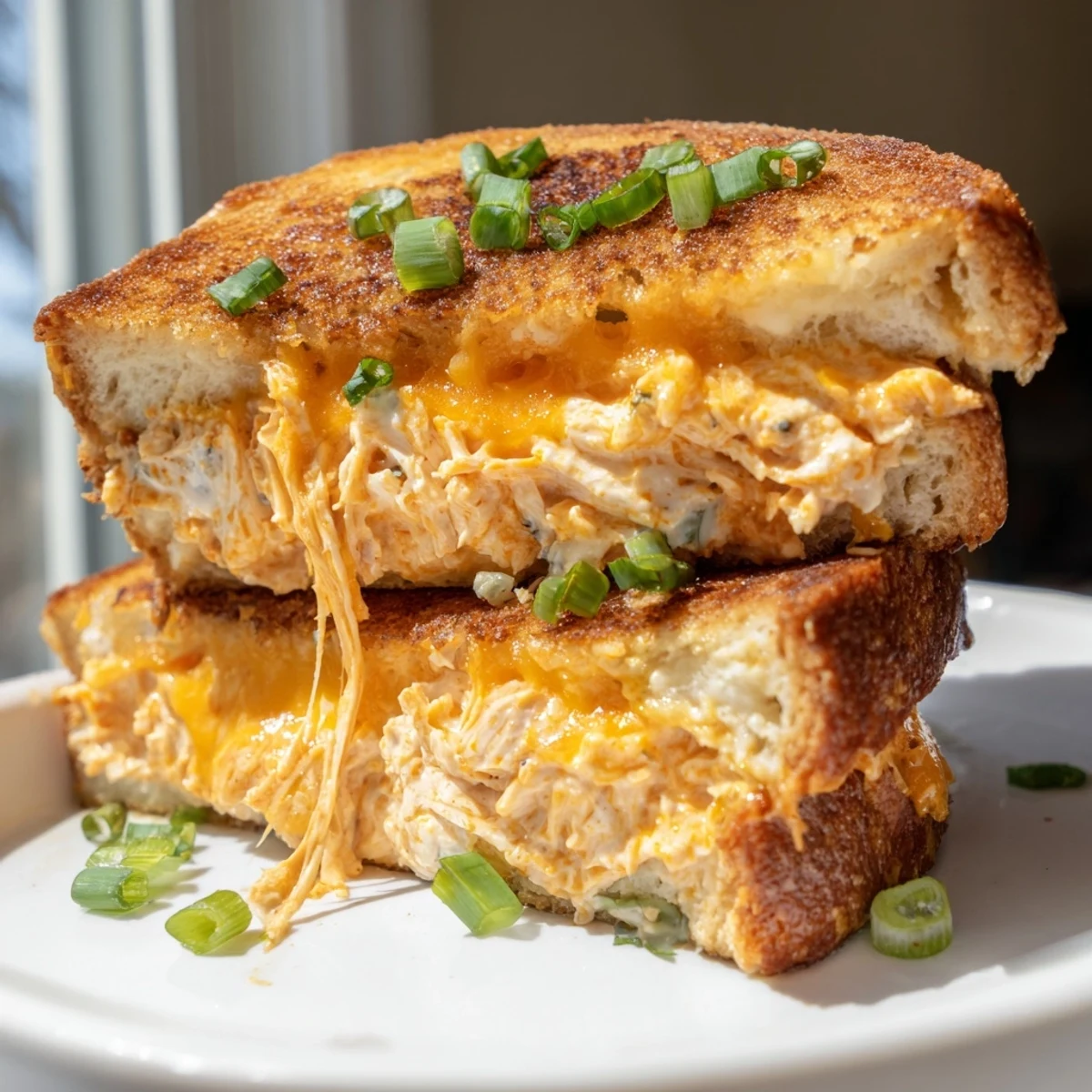 A close-up of a Buffalo Chicken Ranch Grilled Cheese, showcasing gooey cheese and golden crust, ready to enjoy.