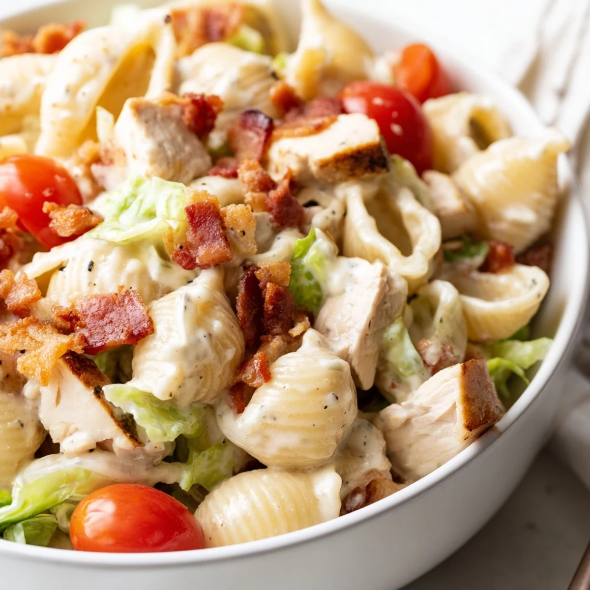 BLT Chicken Pasta Salad with grilled chicken, crisp lettuce, and cherry tomatoes tossed in creamy mayo dressing.
