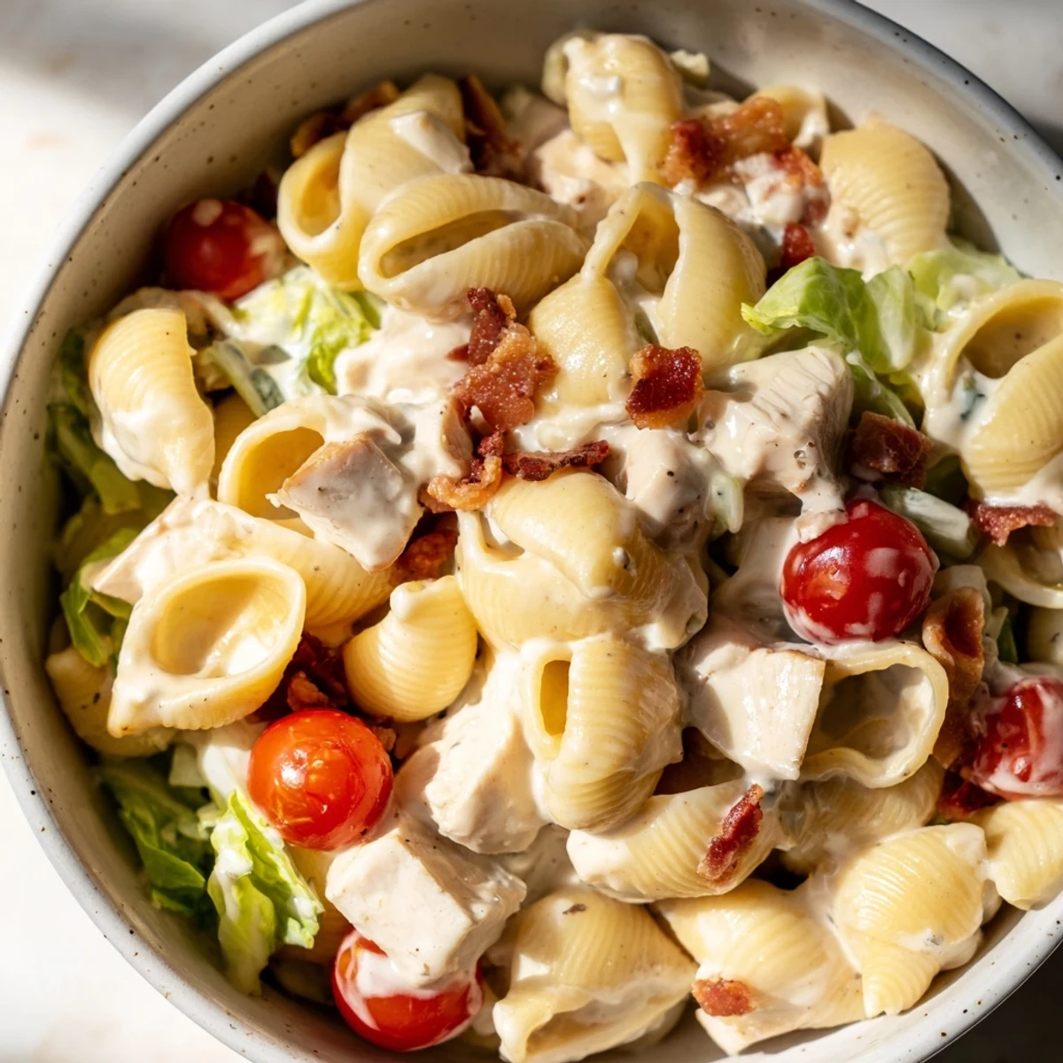 A hearty BLT Chicken Pasta Salad featuring smoky bacon, tender pasta shells, and bright red onion on a white plate.