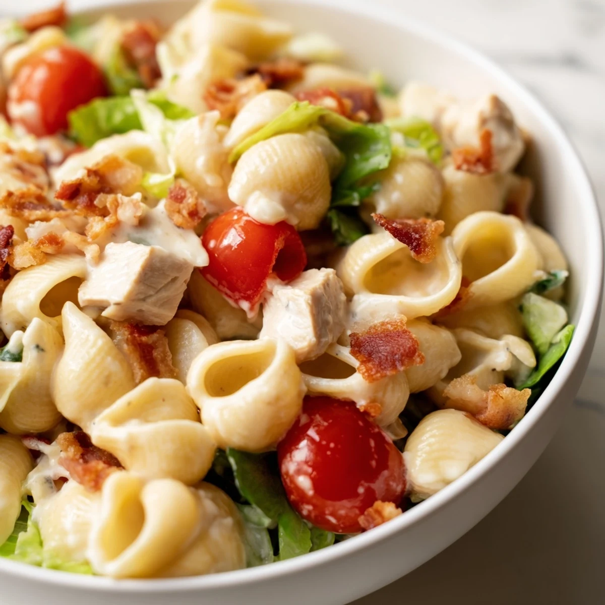 Tasty BLT Chicken Pasta Salad serving suggestion with juicy tomatoes, crumbled bacon, and diced grilled chicken, ready for a potluck.