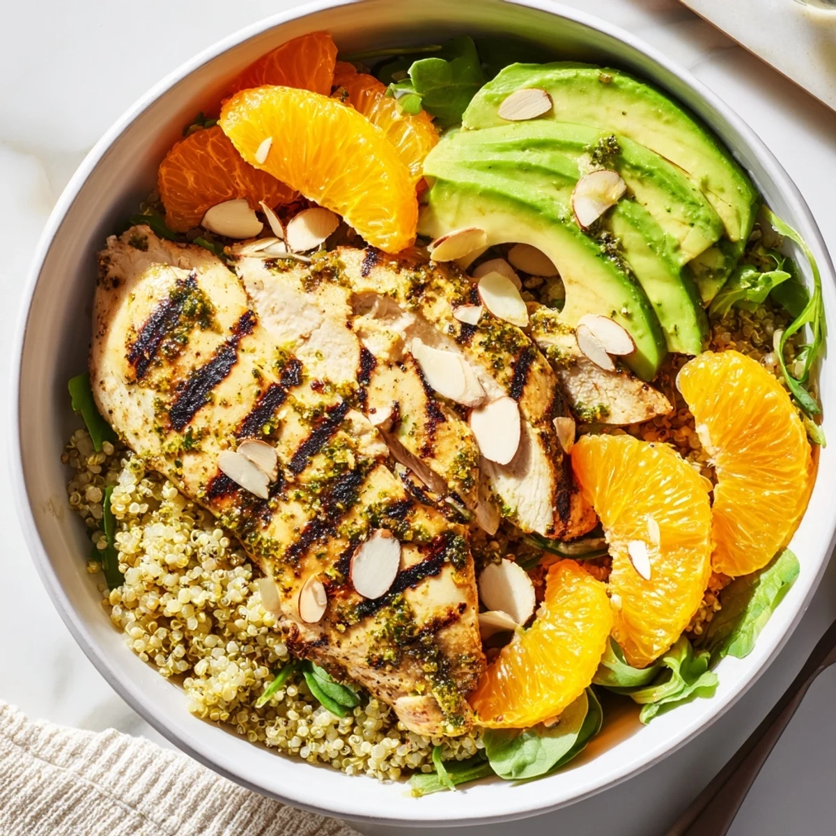 Grilled herb chicken slices rest atop mixed greens, quinoa, orange segments, and creamy avocado in a bowl.