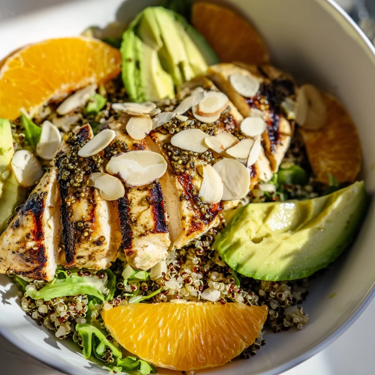 Colorful quinoa salad bowl with juicy oranges, sliced avocado, red onion, and grilled Citrus Herb Chicken.