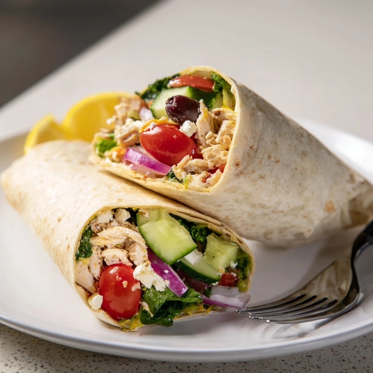 Bright Greek Lemon Chicken Salad Wrap stuffed with juicy marinated chicken, crisp tomatoes, cucumbers, and crumbled feta on a warm tortilla.  