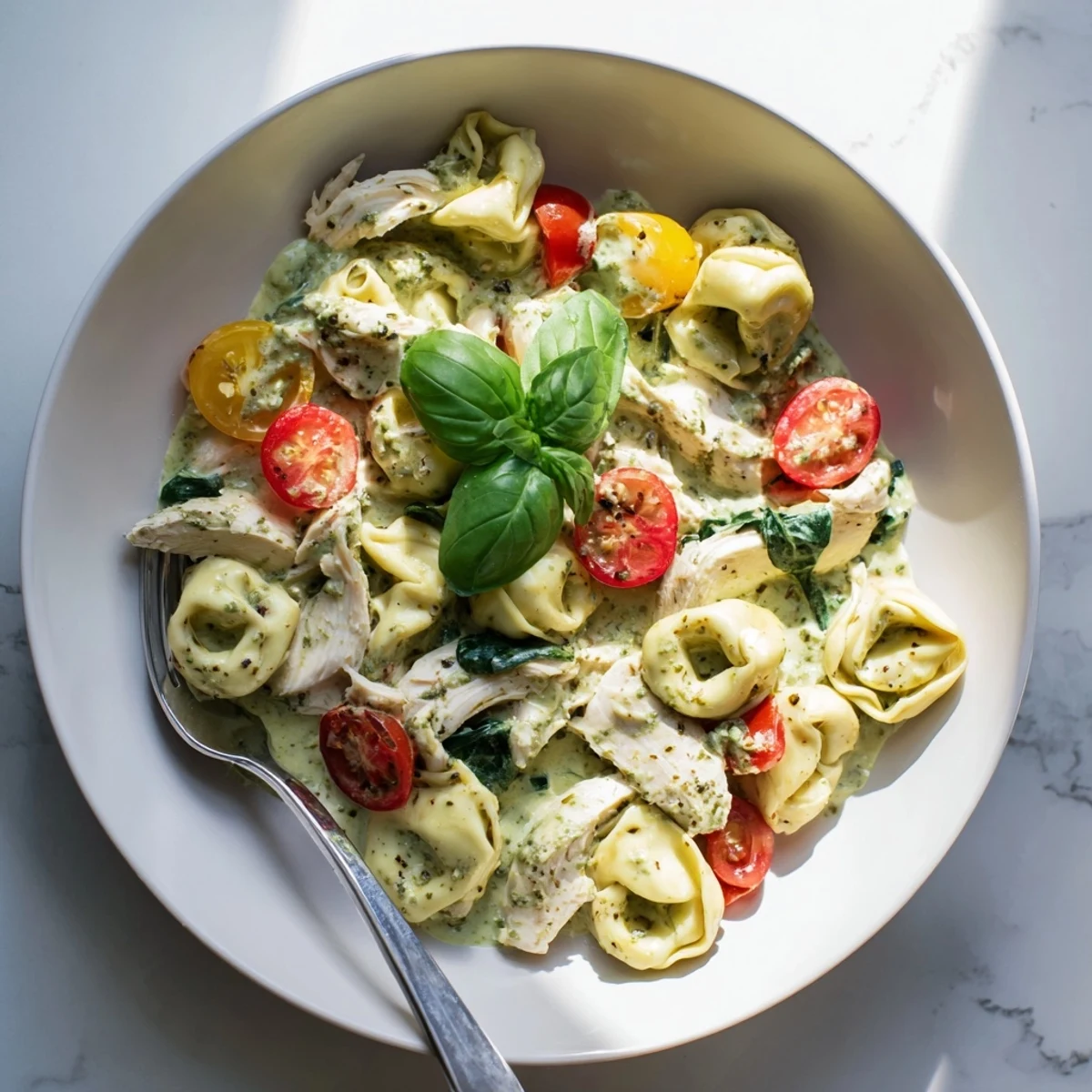 Savory creamy pesto tortellini skillet served hot, paired with a glass of white wine for an easy weeknight dinner.