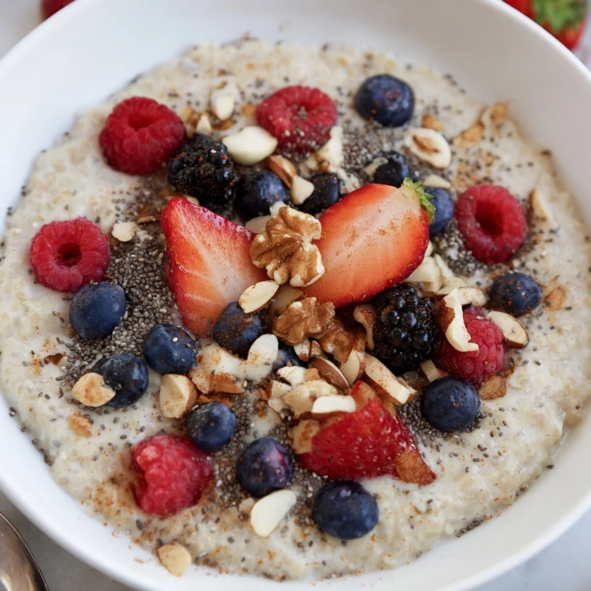 A warm bowl of Millet Porridge With Berries, topped with fresh blueberries, raspberries, and a sprinkle of crunchy chopped almonds.