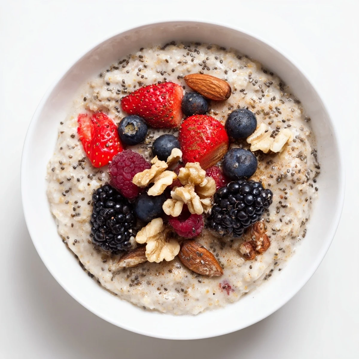 Sweet, tender Millet Porridge With Berries is served in a rustic ceramic bowl, garnished with mixed berries and a drizzle of maple syrup.