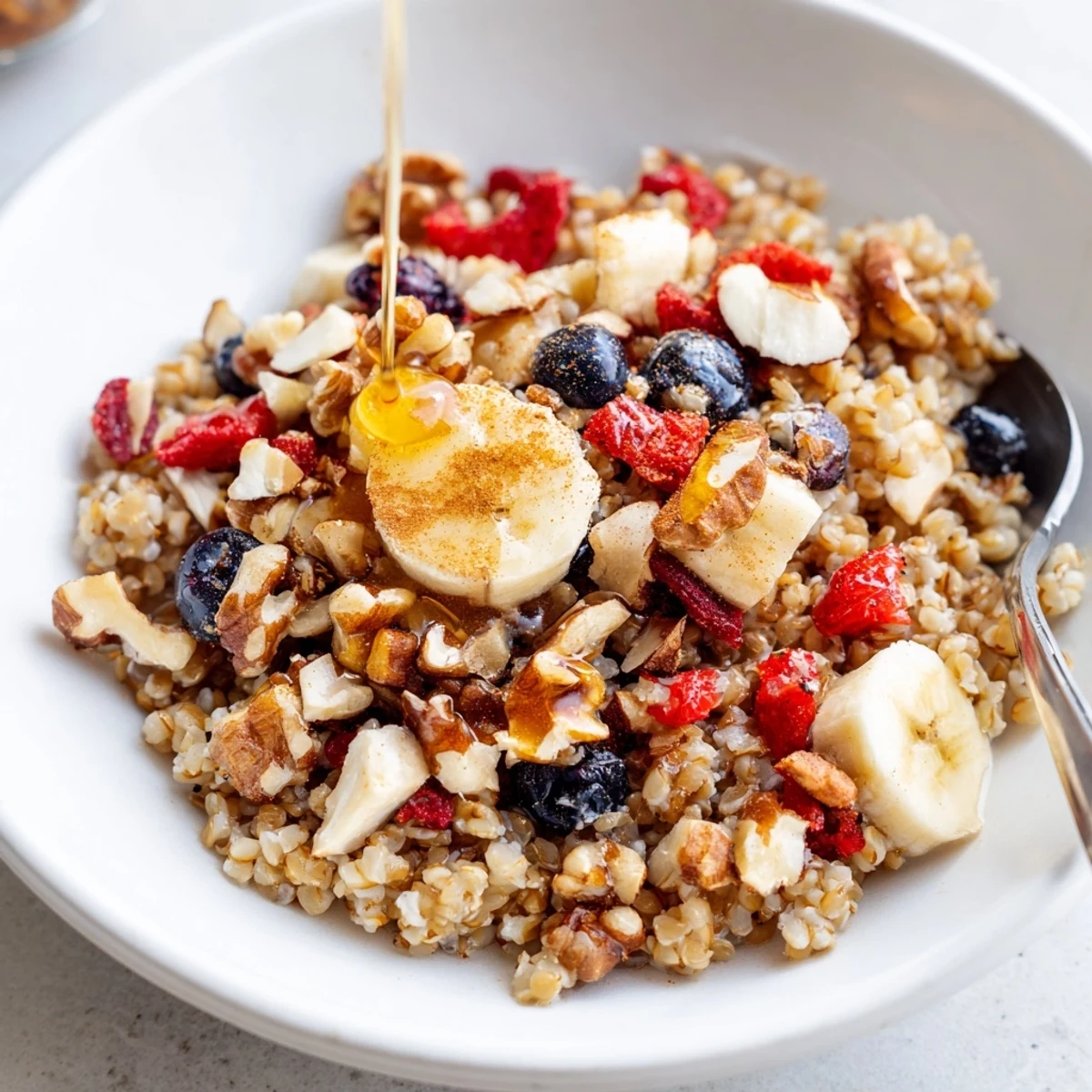 A steaming bowl of Buckwheat Groats Breakfast topped with fresh berries and chopped nuts.