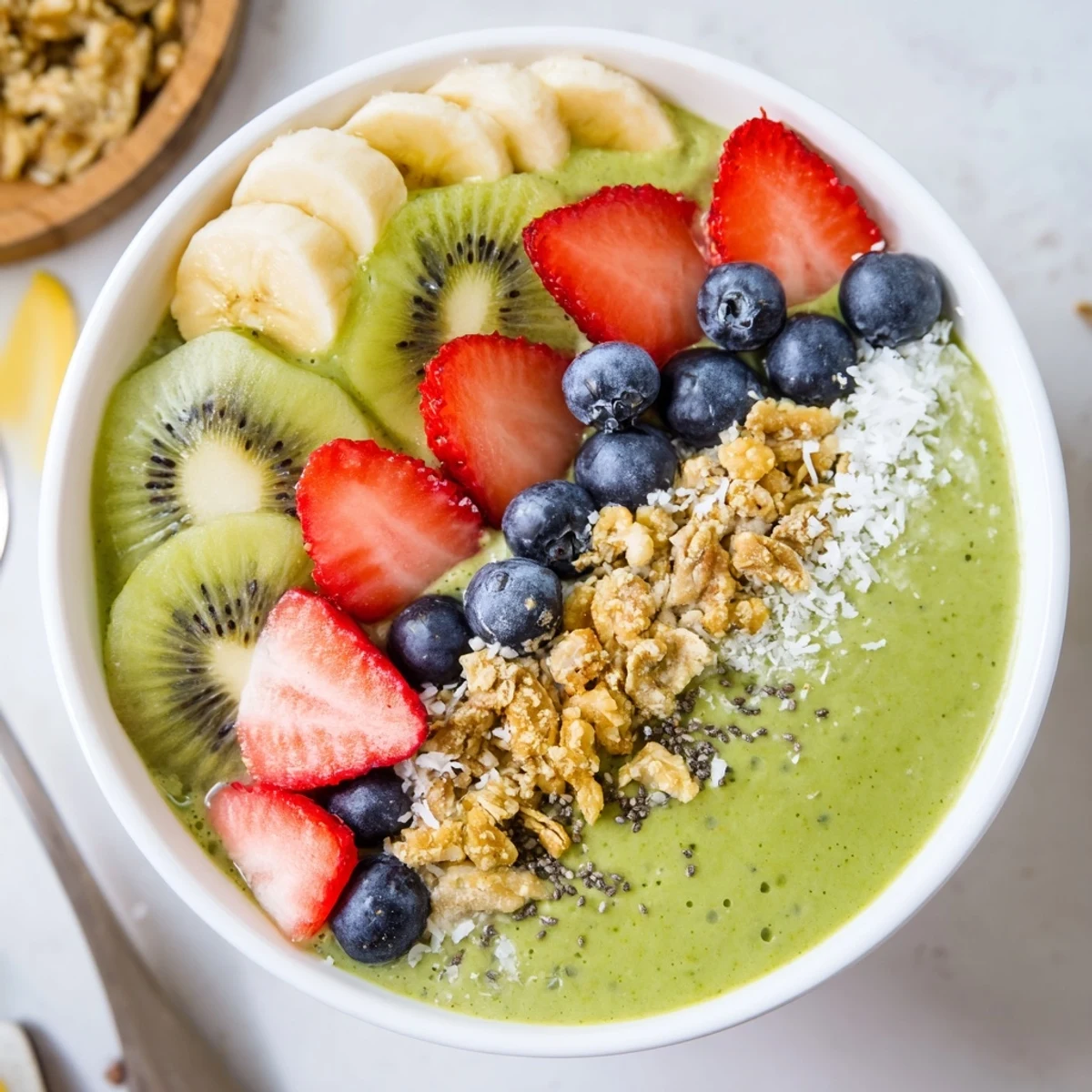 Creamy spinach smoothie bowl served in a bowl, garnished with sliced bananas, chia seeds, and shredded coconut.