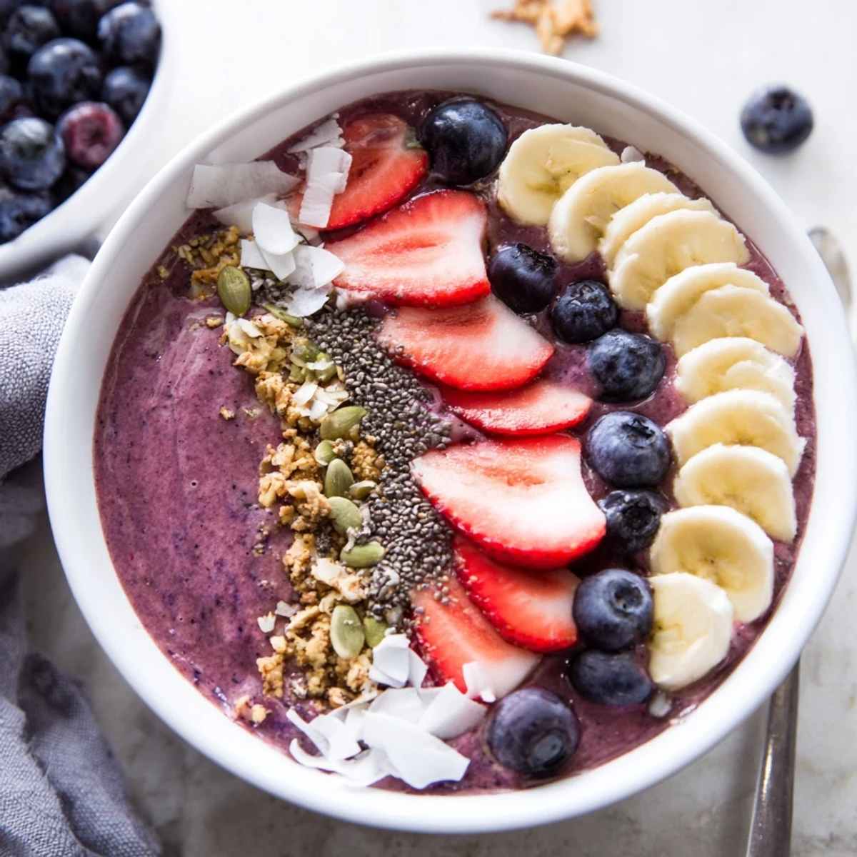 Thick, purple acai berry smoothie bowl loaded with fresh banana slices and crunchy granola for a vibrant breakfast.