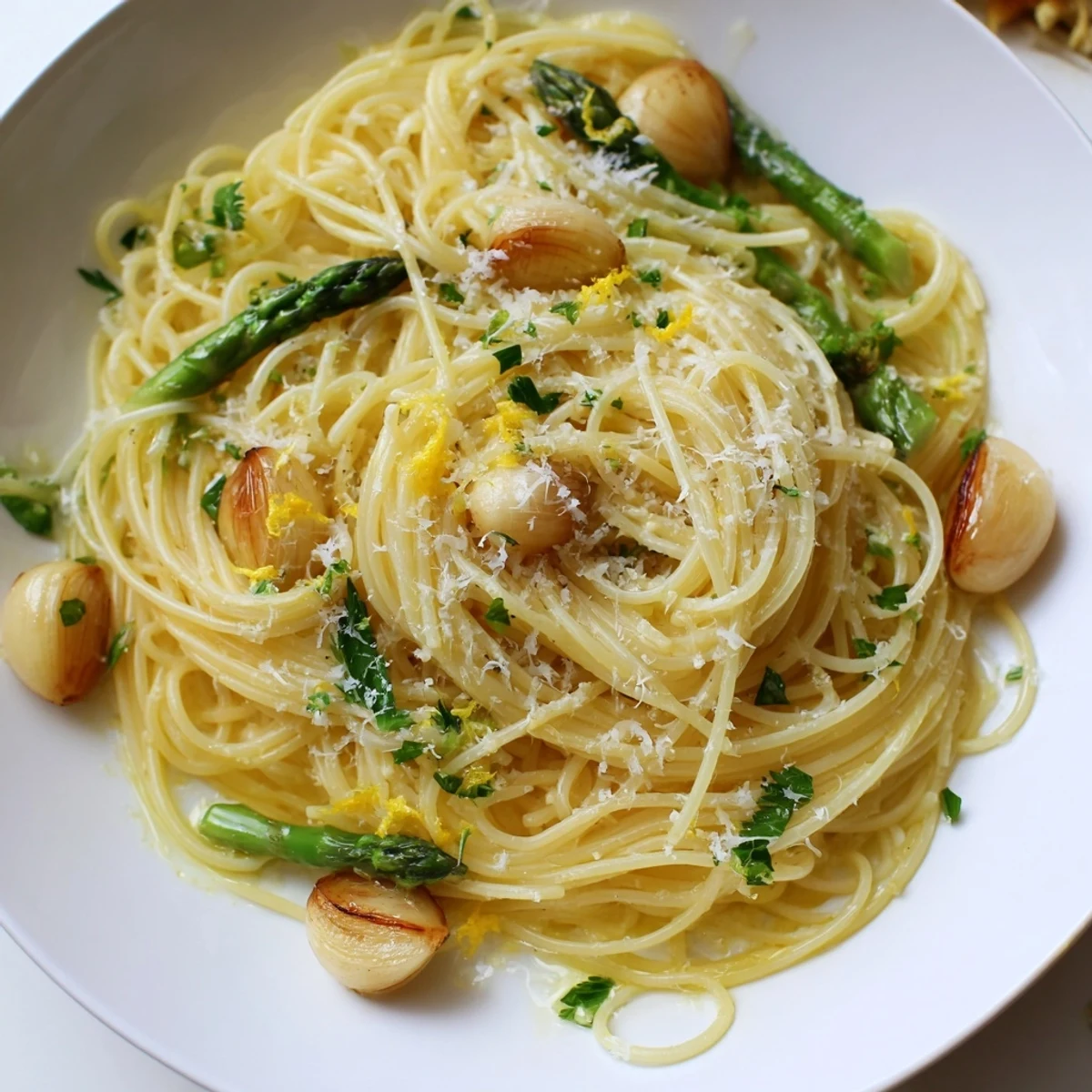 Golden roasted garlic cloves and bright green asparagus pieces nestle perfectly in a twirl of spaghetti with olive oil.  