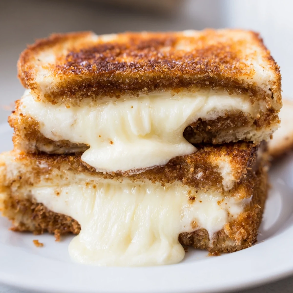Golden-brown Mozzarella Stick Grilled Cheese oozes melted cheese and crispy fried sticks on a white plate beside marinara.