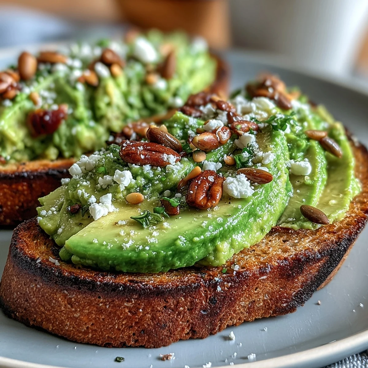 Creamy mashed avocado spread on crisp whole grain toast, topped with tomato slices, pumpkin seeds, and a hint of red pepper flakes.