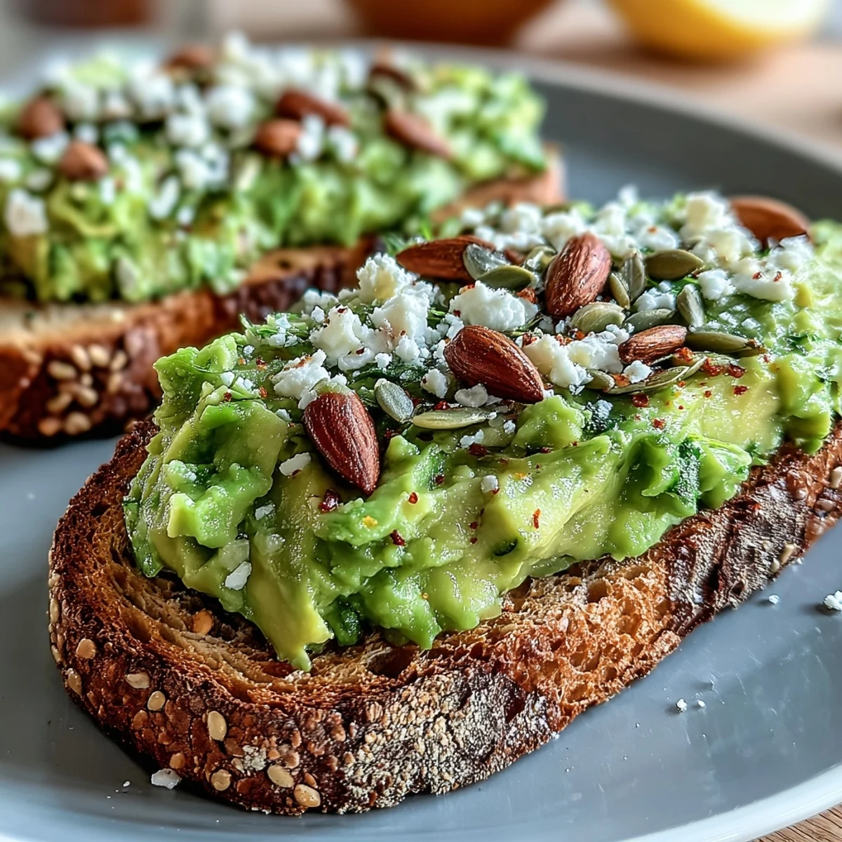 Golden-brown whole grain toast layered with velvety avocado mash, seasoned with sea salt, black pepper, and optional sunflower seeds.