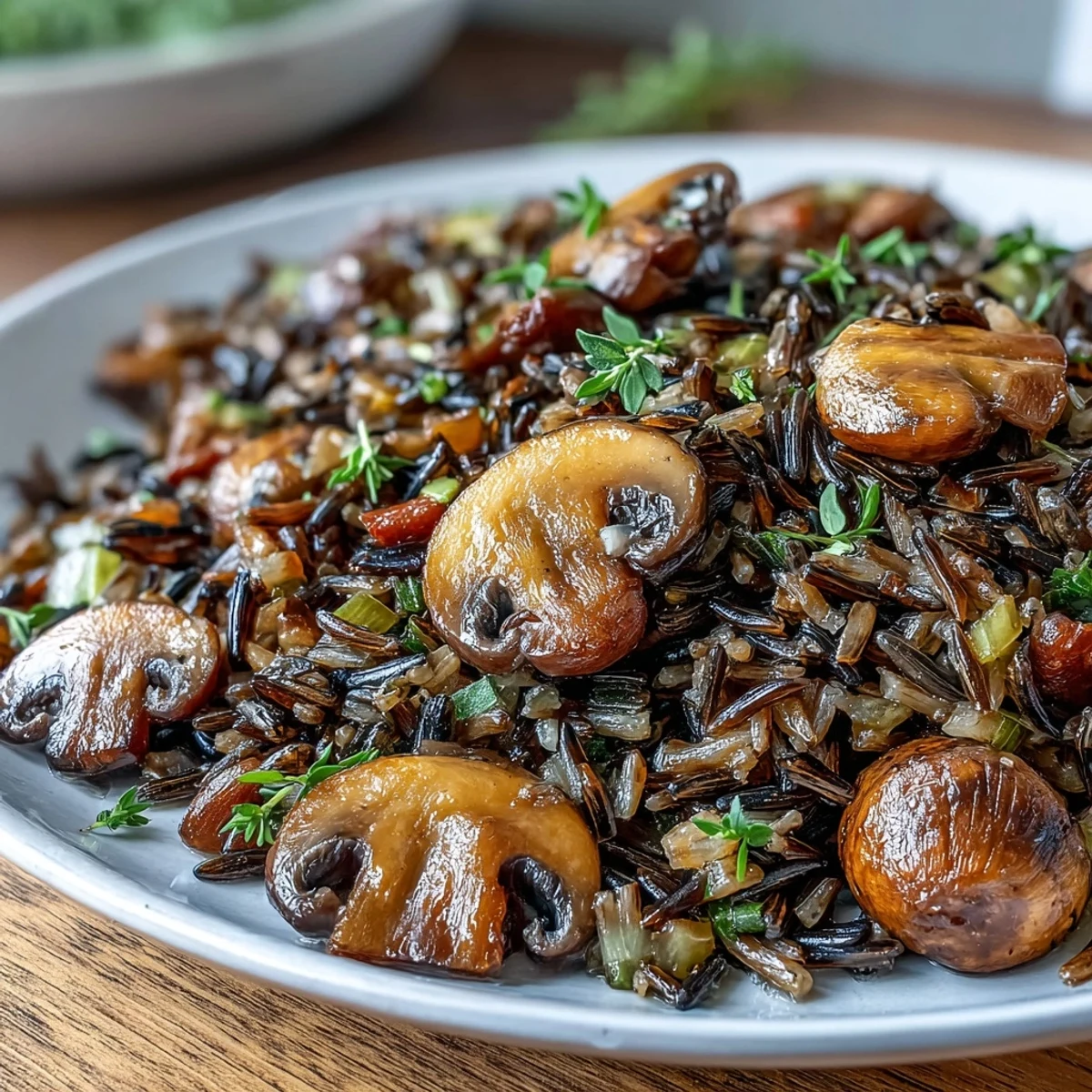 Golden sautéed mushrooms and fluffy wild rice pilaf garnished with fresh parsley and toasted almonds, served in a rustic dish.  