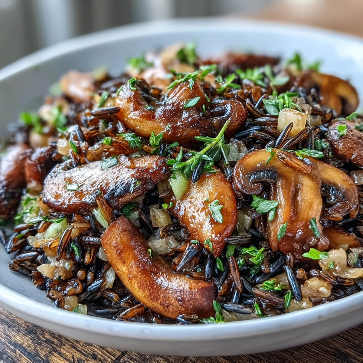 Savory wild rice pilaf with earthy mushrooms and diced carrots, ready to be served as a comforting vegetarian side dish.