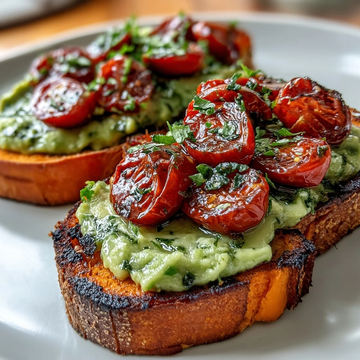 Golden roasted sweet potato toast slices topped with creamy avocado and vibrant cherry tomatoes for a savory breakfast.