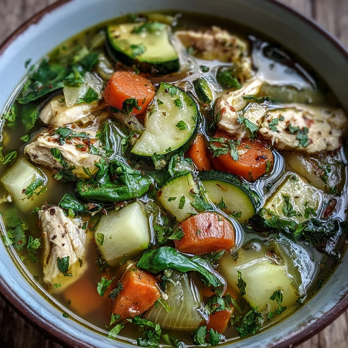 Hearty Turmeric Chicken Soup in a rustic pot, garnished with parsley and lemon.